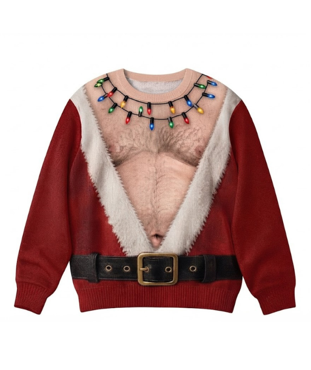 Funny Christmas Sweater with Hairy Chest Print – Novelty Santa Costume Sweatshirt for Holiday Parties