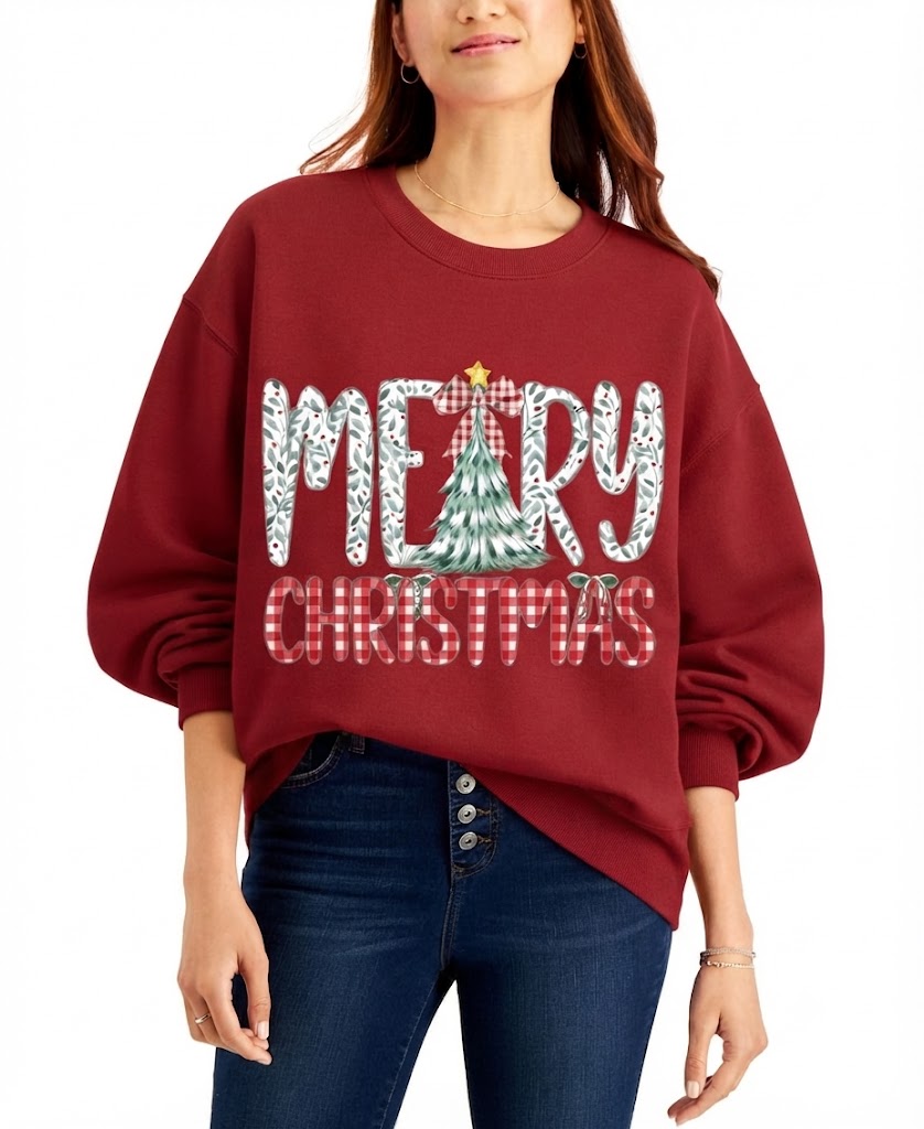 Merry Christmas T-Shirt – Cute Holiday Bow Christmas Tree Graphic Tee, Girly Xmas Gift