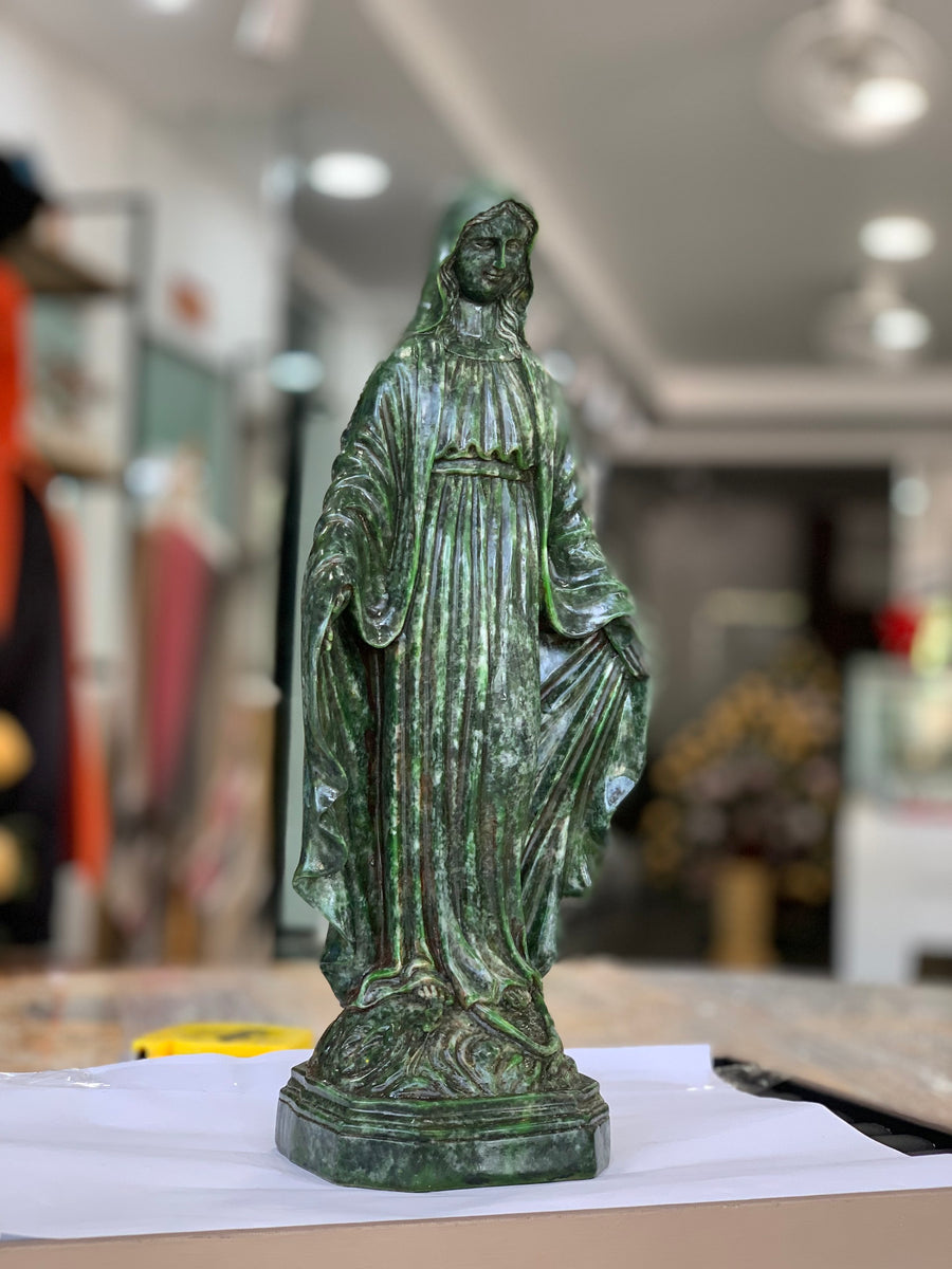 Hand-Carved Natural Landscape Jade Virgin Mary Statue - 13.4" Blessed Mother Tabletop Sculpture for Home Altar (Included Express Air Shipping)