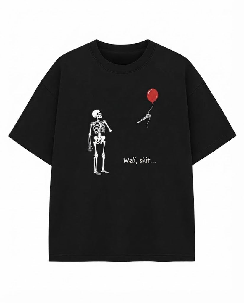 Funny Skeleton Balloon Shirt – Dark Humor Graphic Tee, Halloween Style Black Cotton Short Sleeve Top, Spooky Gift Shirt