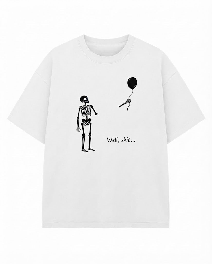 Funny Skeleton Balloon Shirt – Dark Humor Graphic Tee, Halloween Style Black Cotton Short Sleeve Top, Spooky Gift Shirt