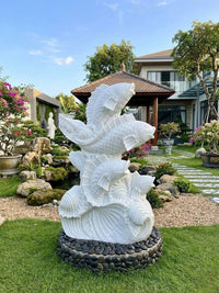 Hand-Carved Natural White Marble Carp Fish Statue - 39