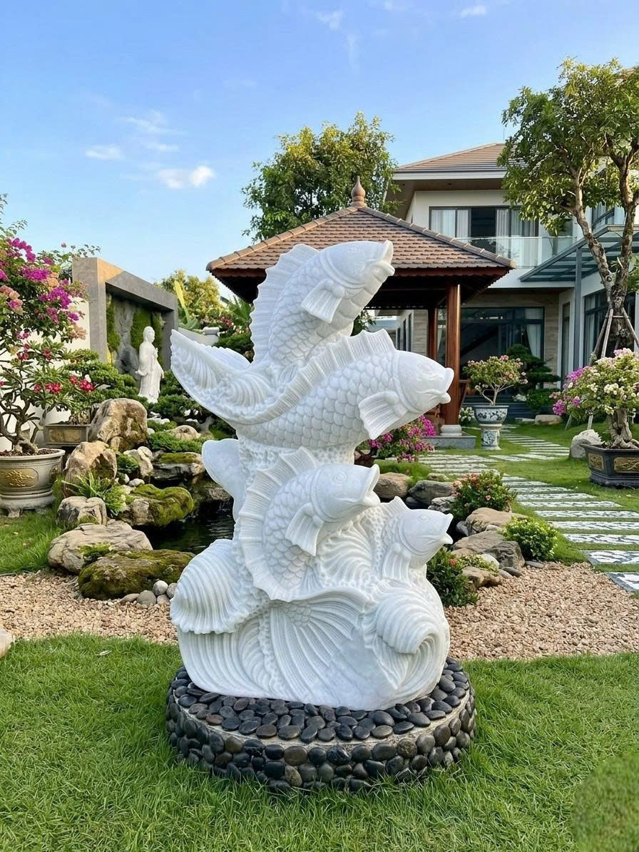 Hand-Carved Natural White Marble Carp Fish Statue - 39" Large Lucky Koi Dragon Fish Sculpture for Home & Garden (Included Express Shipping)