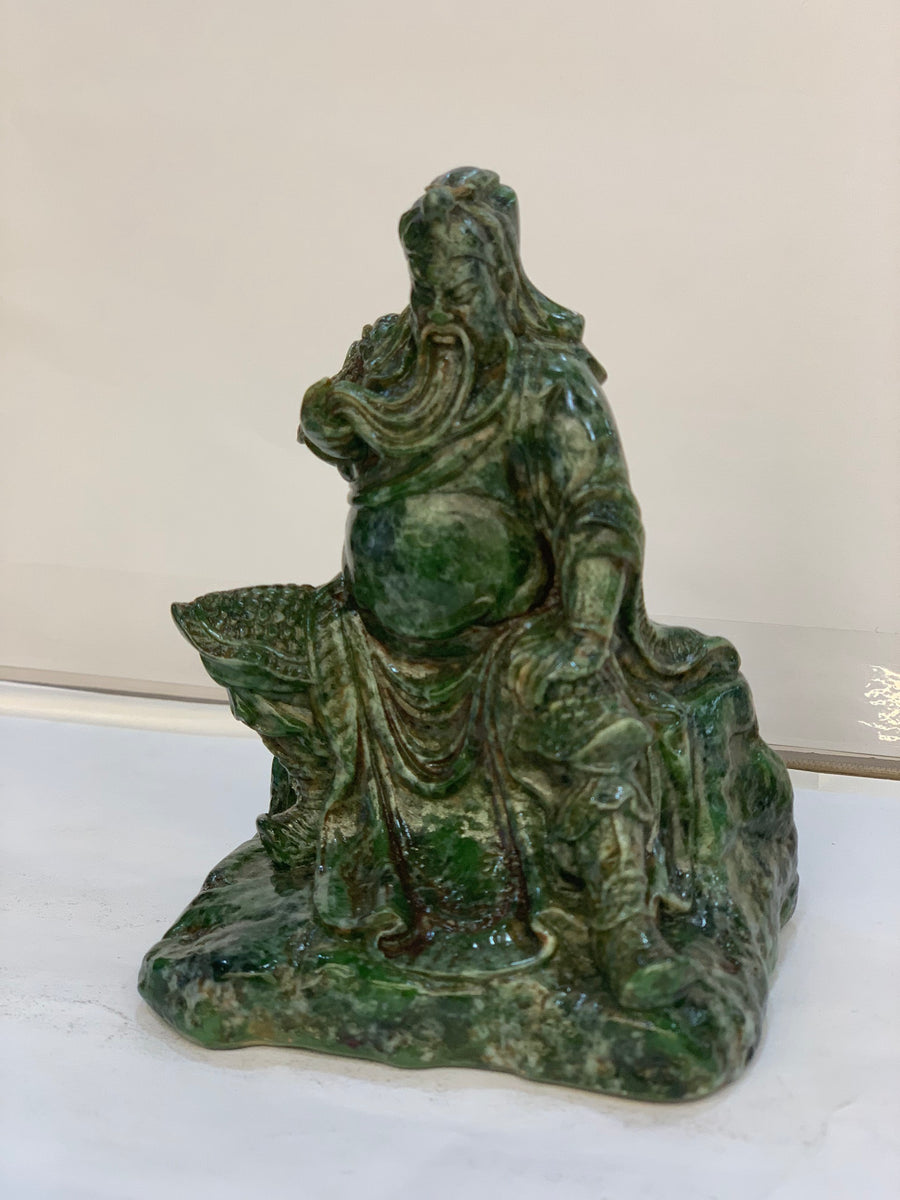 Hand-Carved Natural Landscape Jade Guan Gong Statue - 3.9" Feng Shui Wealth & Protection General Sculpture for Office Desk & Car Dashboard (Included Express Air Shipping)