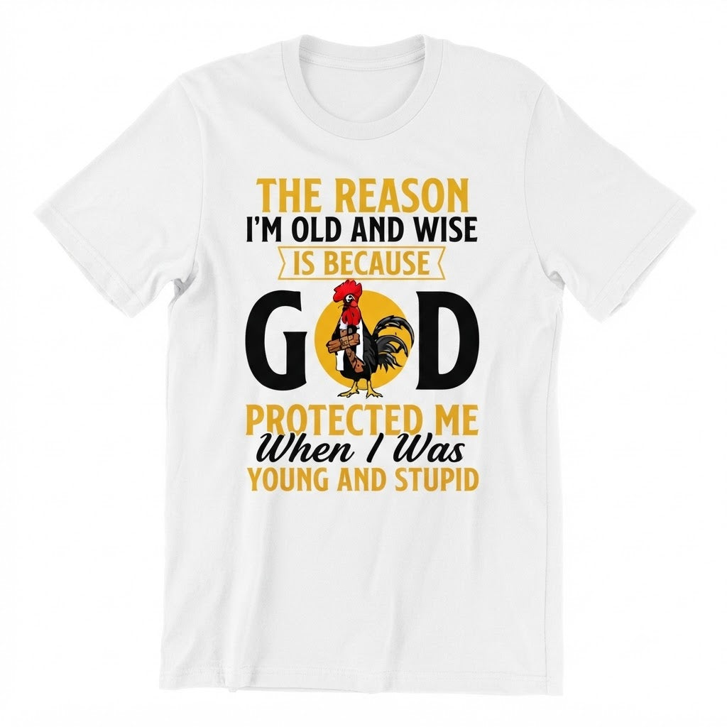 God Protected Me Graphic Tee – Christian Faith Humor Shirt, Old And Wise Quote T-Shirt, Black Cotton Blend Religious Top