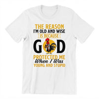 God Protected Me Graphic Tee – Christian Faith Humor Shirt, Old And Wise Quote T-Shirt, Black Cotton Blend Religious Top