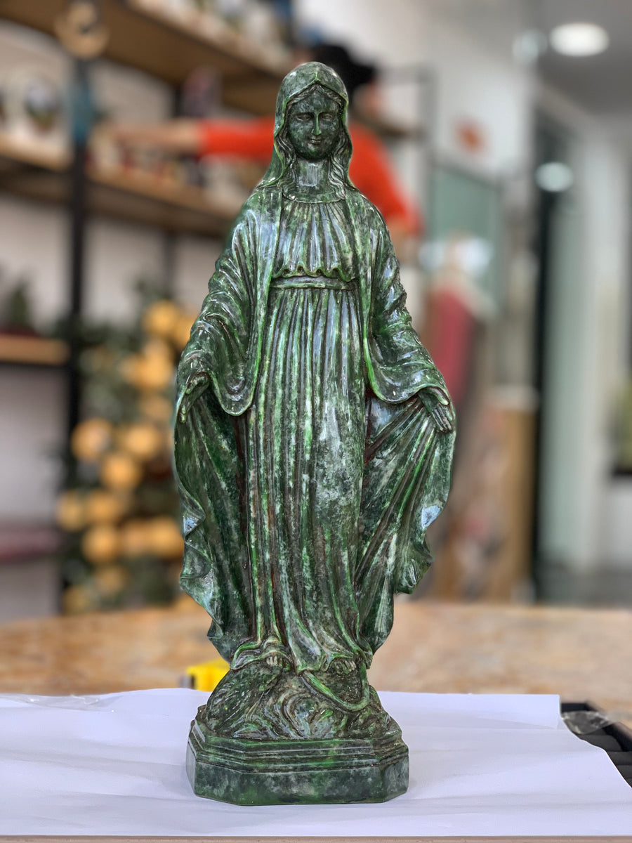 Hand-Carved Natural Landscape Jade Virgin Mary Statue - 13.4" Blessed Mother Tabletop Sculpture for Home Altar (Included Express Air Shipping)