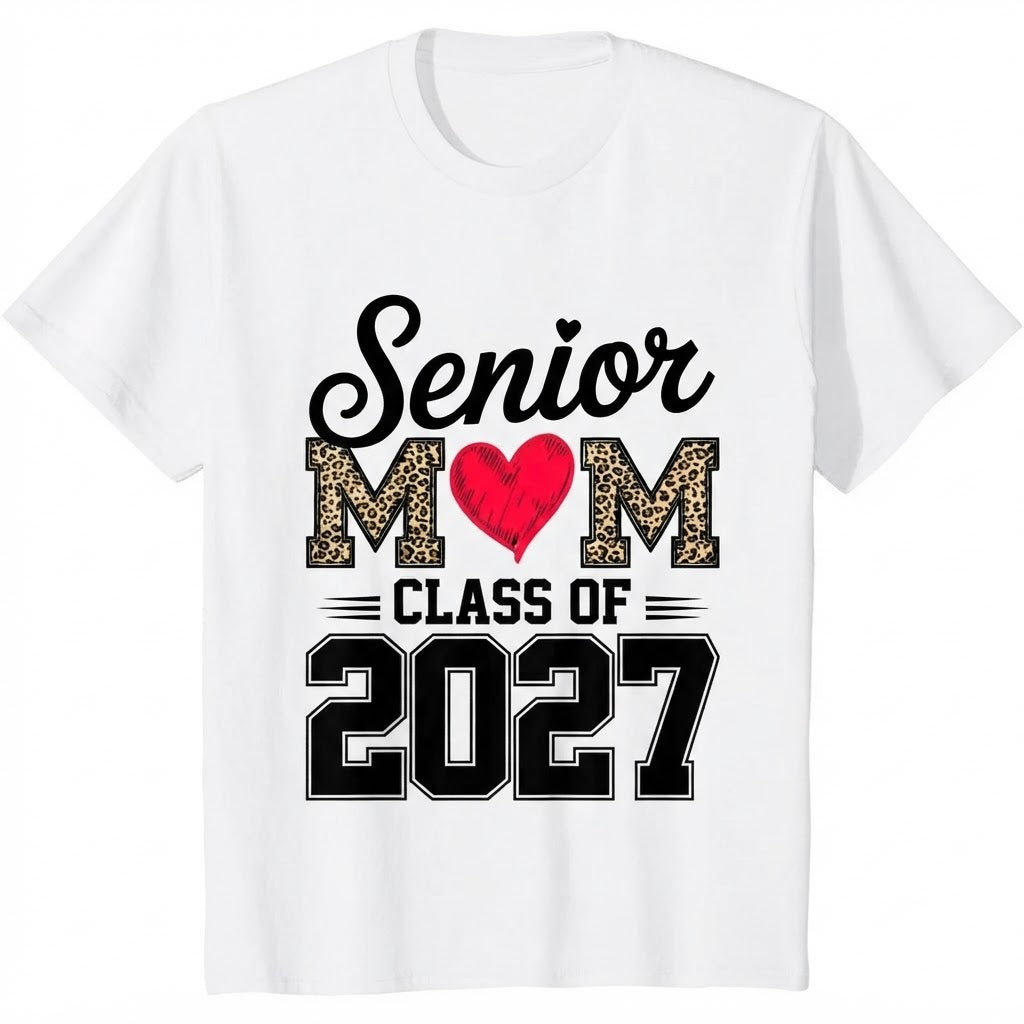 Senior Mom Class of 2027 T-Shirt – Proud Mom of a 2027 Graduate Graphic Tee, Leopard Print Graduation Gift for Her