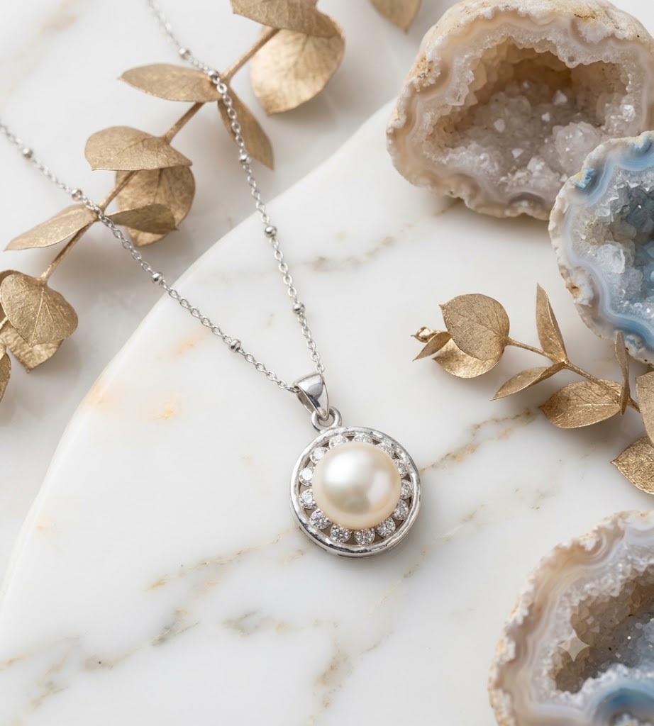 Cluster Crystal Halo Pearl Pendant Necklace, Luxury Self-Reward Jewelry for Women, Elegant Round Necklace Gift for Yourself