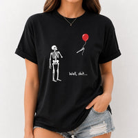 Funny Skeleton Balloon Shirt – Dark Humor Graphic Tee, Halloween Style Black Cotton Short Sleeve Top, Spooky Gift Shirt