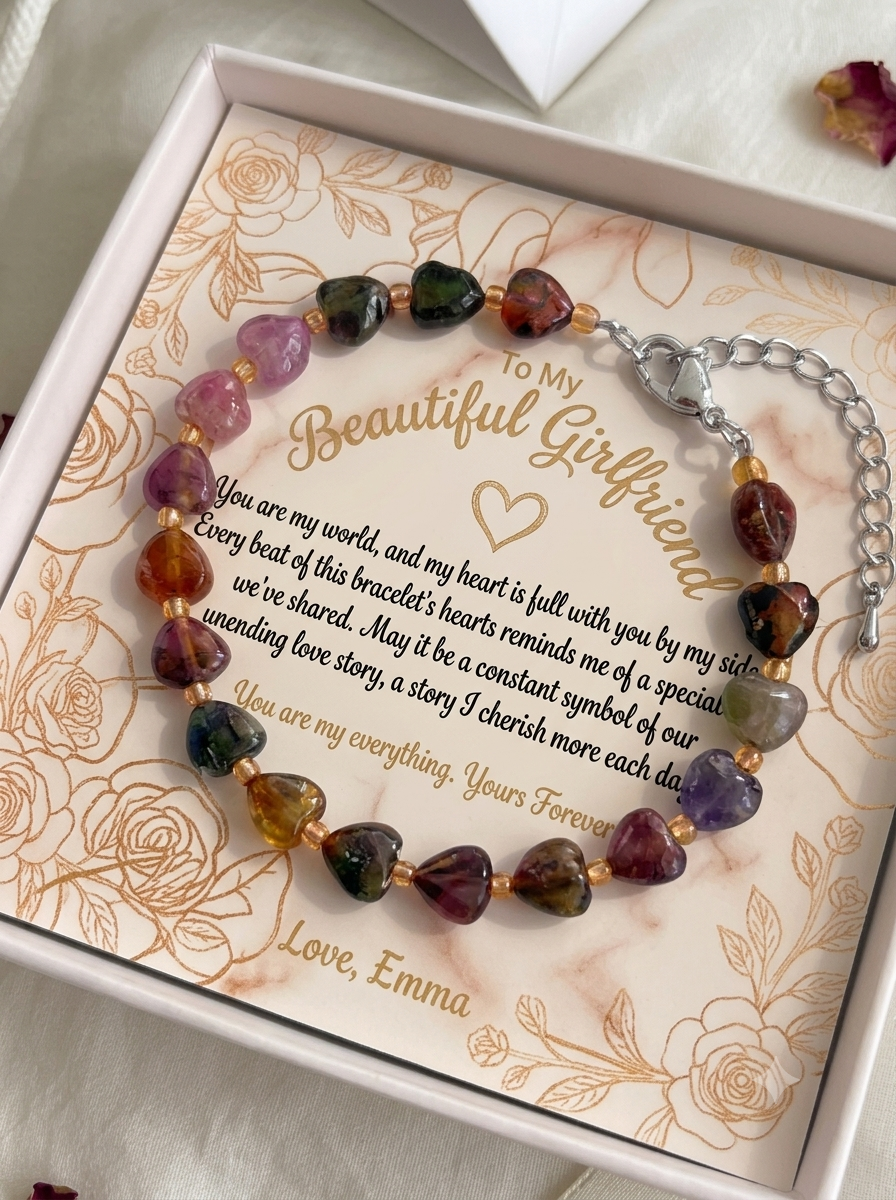 Personalized Tiger's Eye Heart Bracelet – Handmade Gemstone Gift for Her, Comes in Gift Box