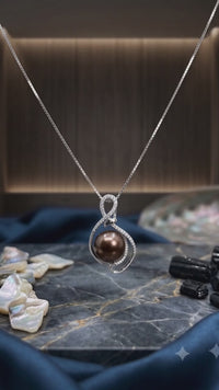 Swirl Dark Grey Pearl Pendant Necklace, Luxury Self-Purchase Jewelry, Classic Infinity Pearl Necklace