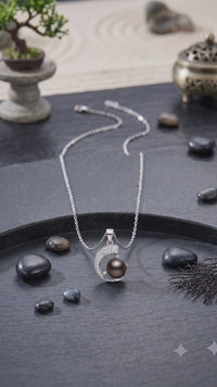 Crescent Moon Dark Grey Pearl Pendant Necklace, Luxury Self-Reward Jewelry for Women, Elegant Celestial Necklace Gift for Yourself