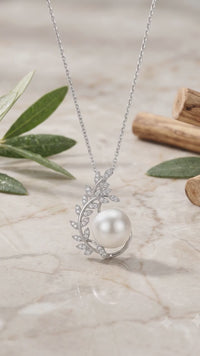 White Pearl Olive Branch Necklace for Women, Elegant Nature-Inspired Pendant Jewelry, Self-Love Gift