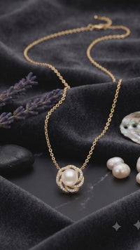 Pave Swirl Gold Pearl Pendant Necklace for Women, Luxury Self-Purchase Jewelry, Classic Woven Necklace
