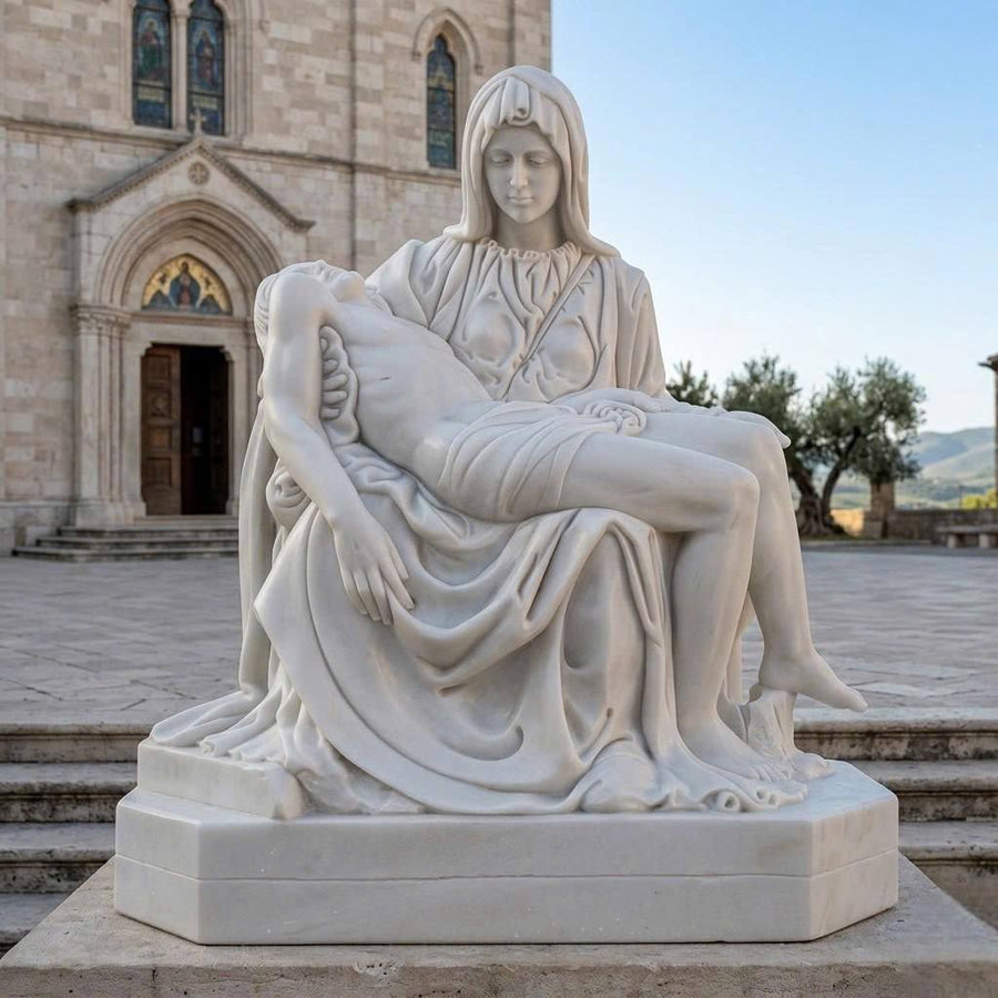 Hand-Carved Natural Stone La Pietà Statue - 63" Life-Size Blessed Mother Mary and Jesus Sculpture