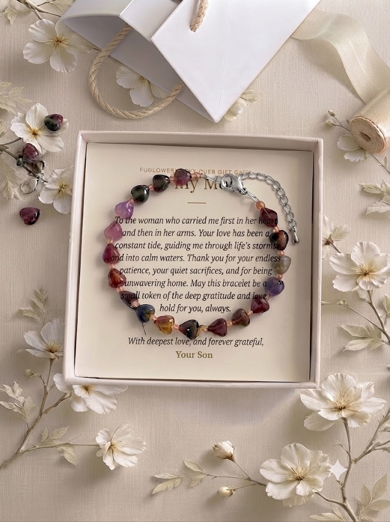 Personalized Heart Stone Bracelet for Mom, Custom Message Card Jewelry, Meaningful Mother's Day Gift from Son, Birthday Gift for Mother