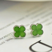 Thumbnail for STERLING SILVER NEPHRITE GREEN JADE FOUR LEFT CLOVER EARRINGS, LUCKYJADE JEWELRY GIFT FOR HER, MOM, DAUGHTER, DAINTY EARRINGS