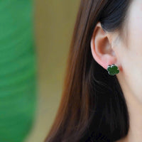 Thumbnail for STERLING SILVER NEPHRITE GREEN JADE FOUR LEFT CLOVER EARRINGS, LUCKYJADE JEWELRY GIFT FOR HER, MOM, DAUGHTER, DAINTY EARRINGS