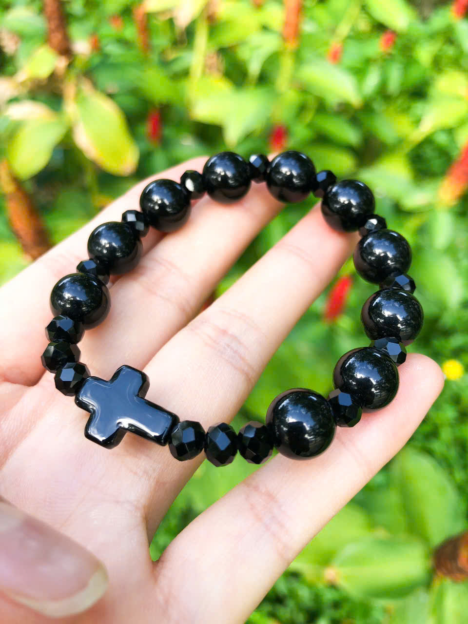 BLACK QUARTZ BRACELET, STRETCH BRACELET, BRACELET DESIGNED, GEMSTONE BRACELET, ROUND BEAD MIX FACETED ROUND, BRACELET FOR CATHOLICS,  BRACELET FOR ALL AGES, FOR MEN, FOR WOMEN