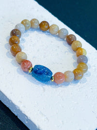 Thumbnail for CORAL STONE ROUND BEADED BRACELET, UNIQUE DESIGNED BRACELET, ROUND BEADS MIXED BLUE CORAL AND CHARM GOLD, GIFTS SUITABLE FOR ALL AGES, LUCK PROSPERITY WEALTH BRACELET