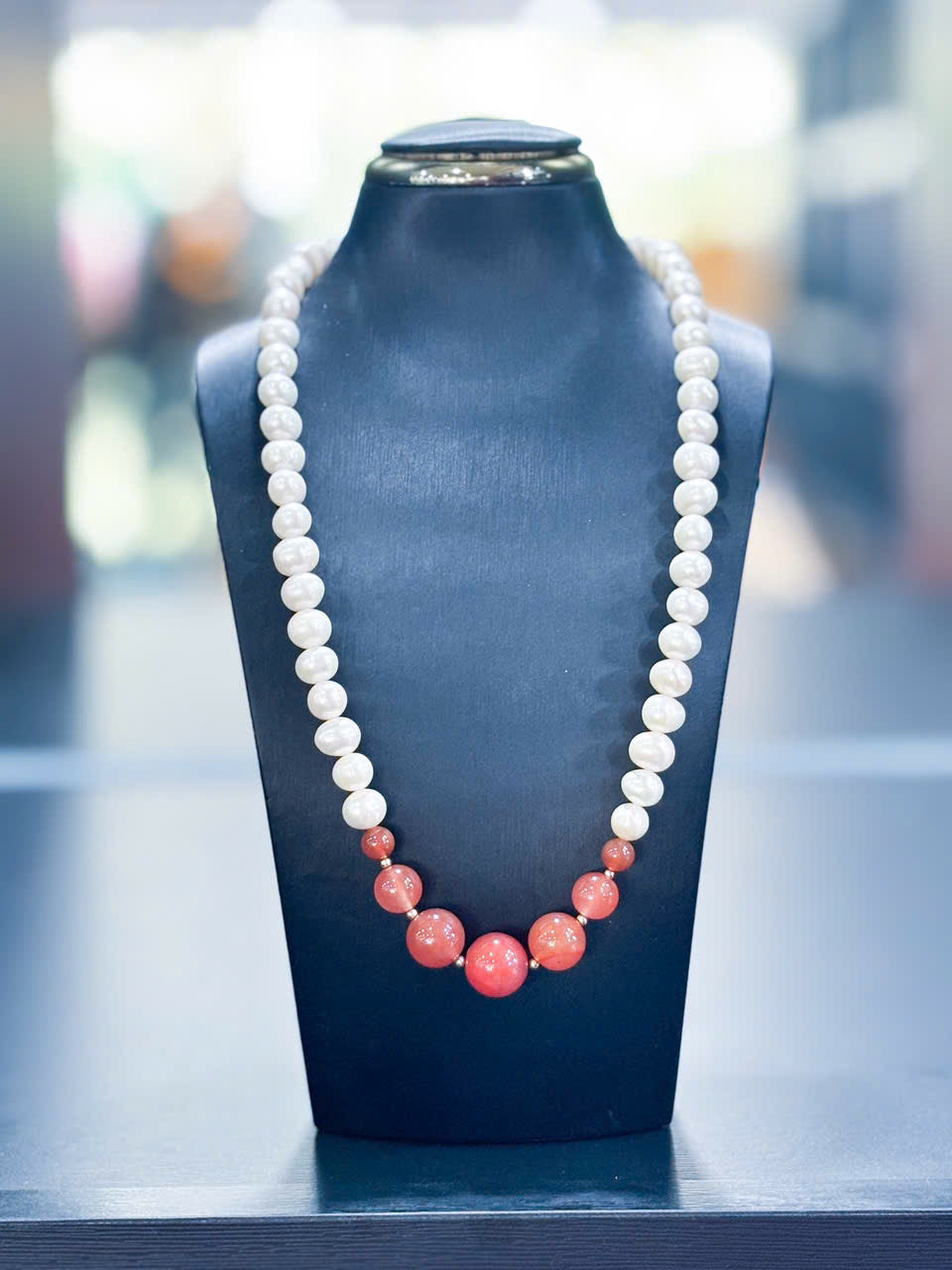 NATURAL PEARL NECKLACE MIX ROSE AGATE, WHITE ROUND PEARL BEEDED CHOKER, ELEGANT CULTURED PEARL FINE JEWELRY, AAA HIGH LUSTER, BEAUTIFUL GILF FOR WOMAN!