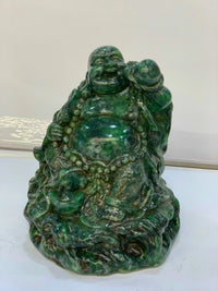 Thumbnail for SITTING HAPPY BUDDHA LANDSCAPE JADE STATUE, JOYFUL AND CHEERFUL, HOLDING A GOURD AND A FAN, HAND-CARVED BY ARTISANS, GIFT FOR HIM, GIFT FOR FATHER, OFFICE DECOR, HANDMADE SCULPTURE.