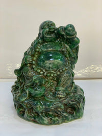 Thumbnail for SITTING HAPPY BUDDHA LANDSCAPE JADE STATUE, JOYFUL AND CHEERFUL, HOLDING A GOURD AND A FAN, HAND-CARVED BY ARTISANS, GIFT FOR HIM, GIFT FOR FATHER, OFFICE DECOR, HANDMADE SCULPTURE.