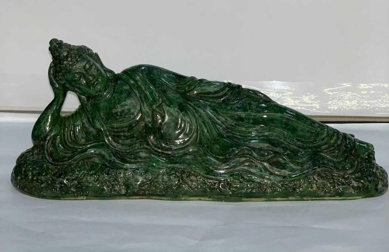 RECLINING BUDDHA JADE STATUE, SPIRITUAL STATUE, NIRVANA BUDDHA STATUE, BUDDHISM MEDITATION SCULPTURE, SERENE TRANQUIL DECOR