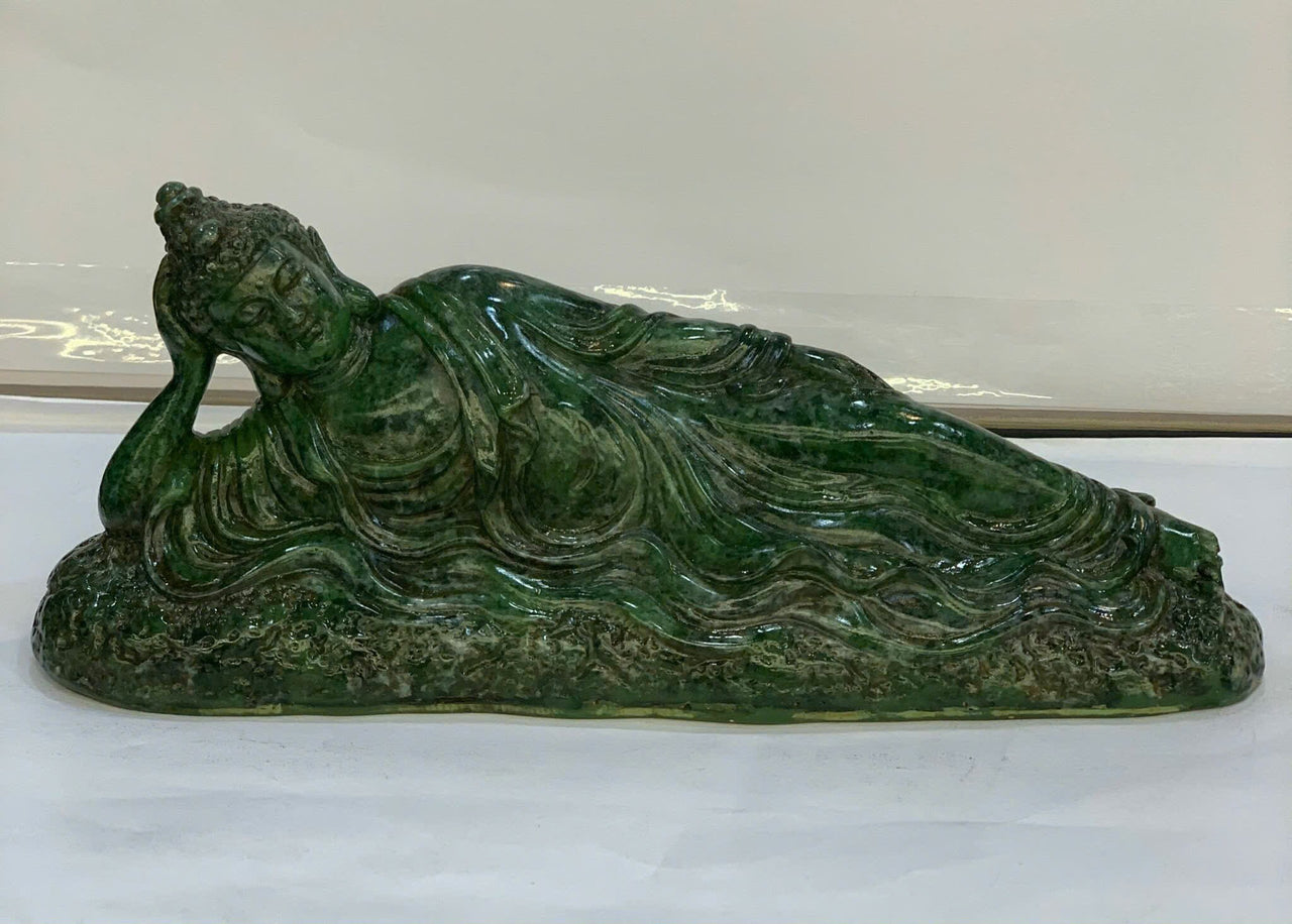 RECLINING BUDDHA JADE STATUE, SPIRITUAL STATUE, NIRVANA BUDDHA STATUE, BUDDHISM MEDITATION SCULPTURE, SERENE TRANQUIL DECOR