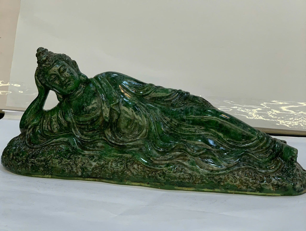 RECLINING BUDDHA JADE STATUE, SPIRITUAL STATUE, NIRVANA BUDDHA STATUE, BUDDHISM MEDITATION SCULPTURE, SERENE TRANQUIL DECOR