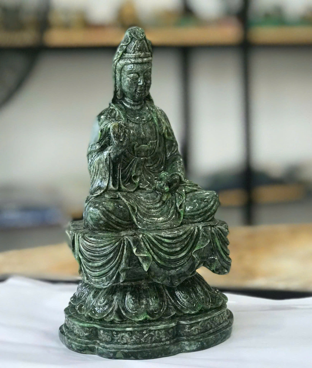 THE JADE GUANYIN BUDDHA STATUE, JADE GREEN BUDDHA GUANYIN STATUE - A SYMPOL OF PEACE, HANDCARVED JADE STONE BUDDHA, BEAUTIFUL ADDITION TO ANY HOME