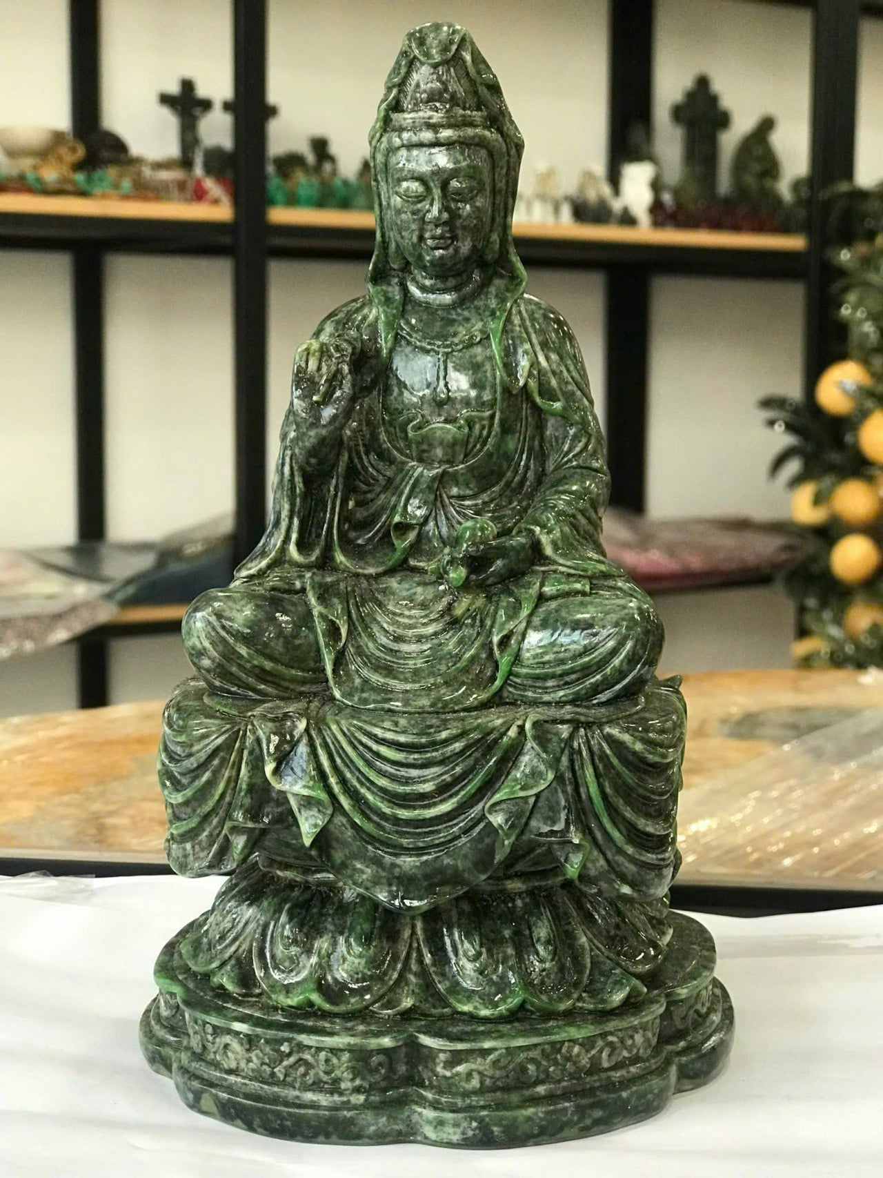 THE JADE GUANYIN BUDDHA STATUE, JADE GREEN BUDDHA GUANYIN STATUE - A SYMPOL OF PEACE, HANDCARVED JADE STONE BUDDHA, BEAUTIFUL ADDITION TO ANY HOME