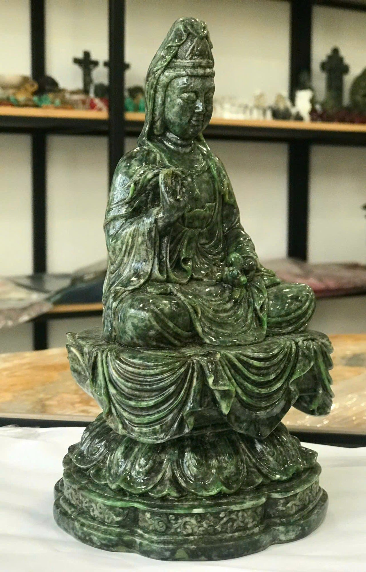 THE JADE GUANYIN BUDDHA STATUE, JADE GREEN BUDDHA GUANYIN STATUE - A SYMPOL OF PEACE, HANDCARVED JADE STONE BUDDHA, BEAUTIFUL ADDITION TO ANY HOME