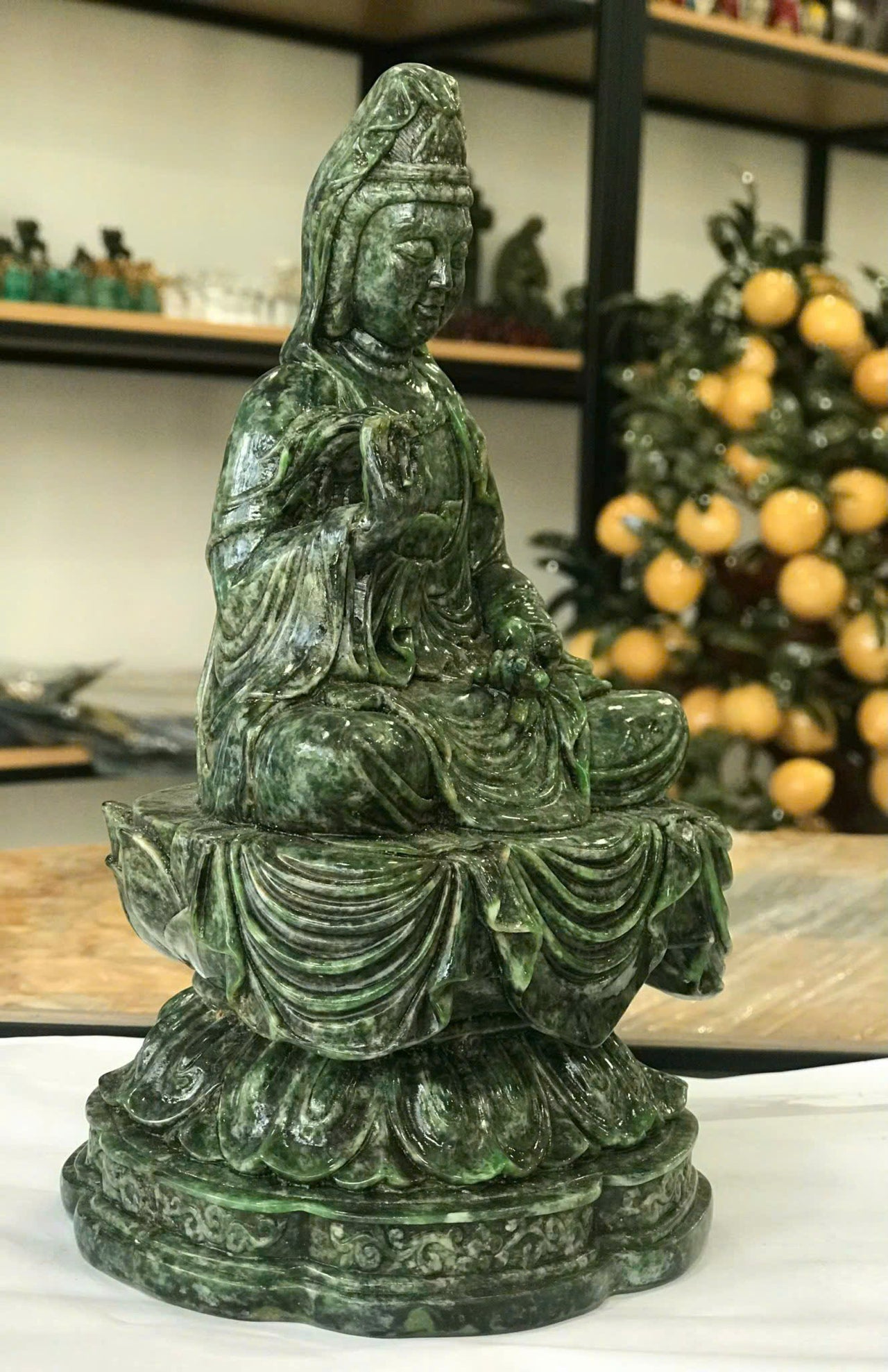 THE JADE GUANYIN BUDDHA STATUE, JADE GREEN BUDDHA GUANYIN STATUE - A SYMPOL OF PEACE, HANDCARVED JADE STONE BUDDHA, BEAUTIFUL ADDITION TO ANY HOME