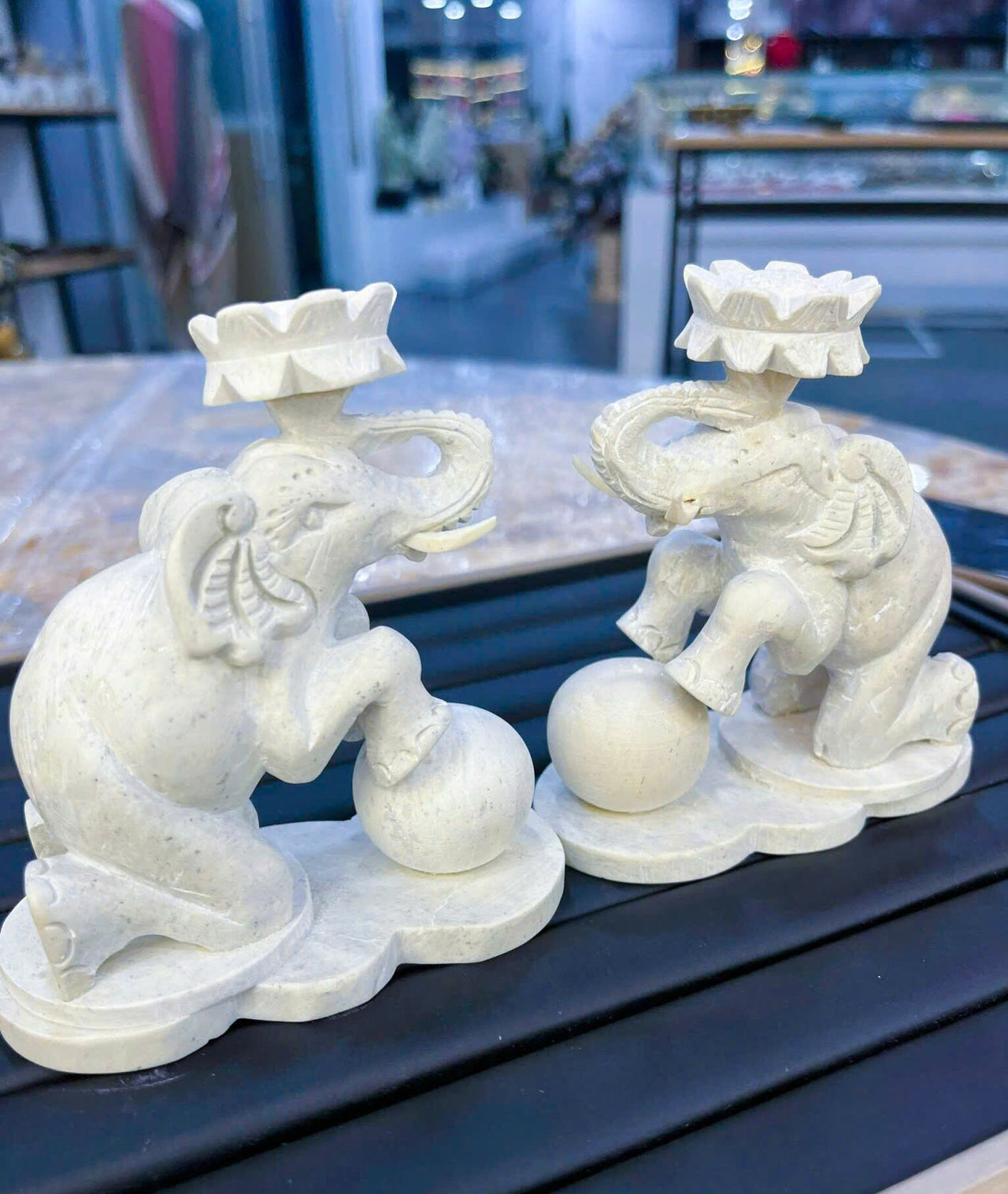 A PAIR OF HAND-CARVED ANTIQUE STONE ELEPHANT STATUES,  ATTRACT WEALTH-GOOD LUCK AND SUCCESS, HOME DECOR ITEMS AND GIFT FOR EVERYONE.