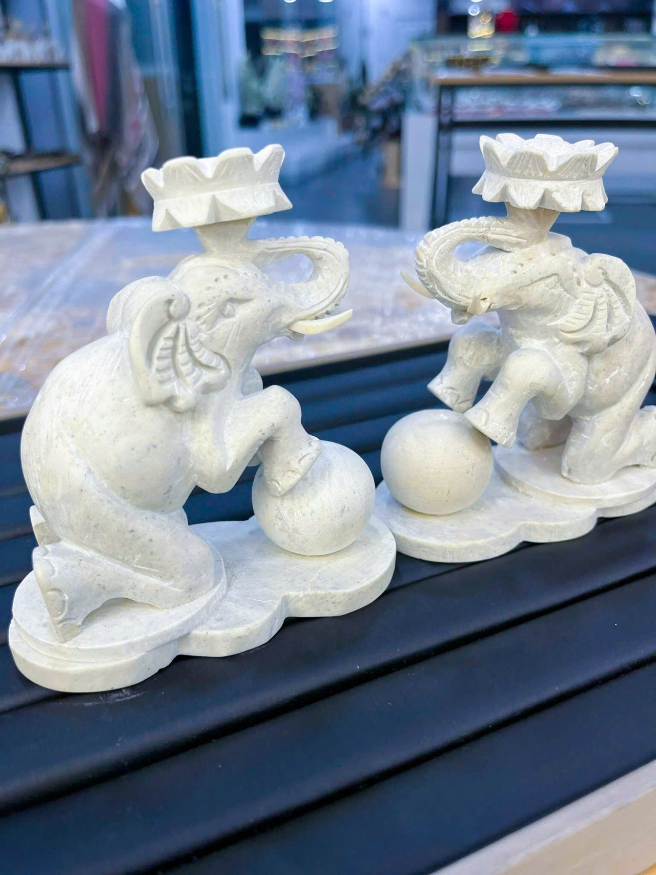 A PAIR OF HAND-CARVED ANTIQUE STONE ELEPHANT STATUES,  ATTRACT WEALTH-GOOD LUCK AND SUCCESS, HOME DECOR ITEMS AND GIFT FOR EVERYONE.