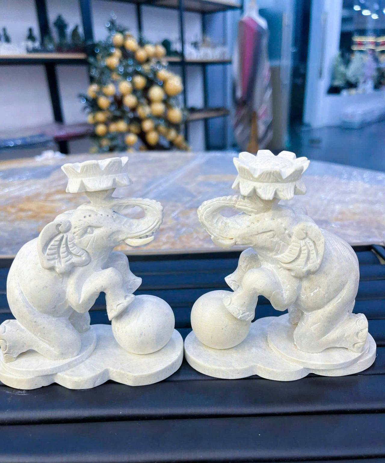 A PAIR OF HAND-CARVED ANTIQUE STONE ELEPHANT STATUES,  ATTRACT WEALTH-GOOD LUCK AND SUCCESS, HOME DECOR ITEMS AND GIFT FOR EVERYONE.