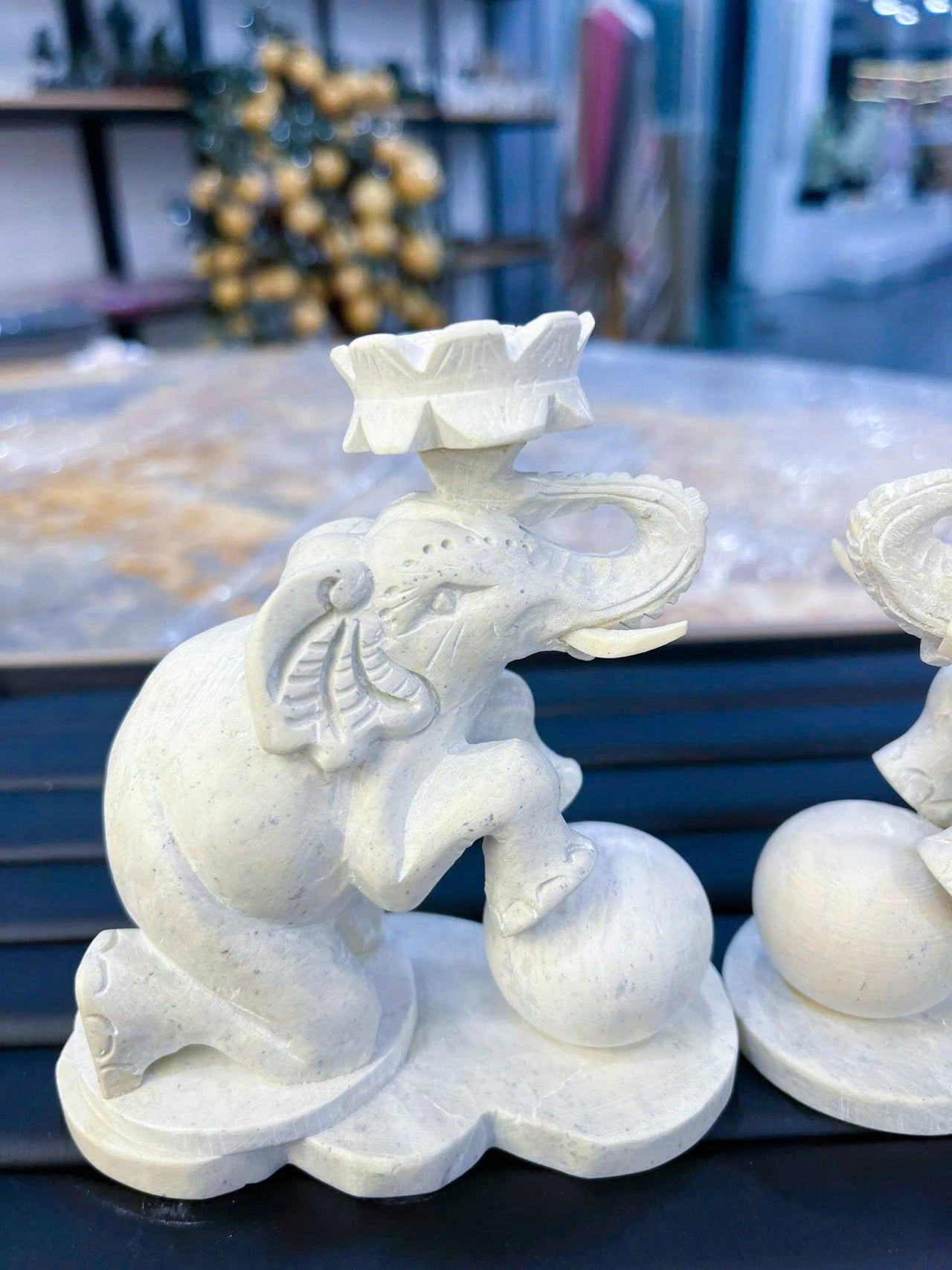 A PAIR OF HAND-CARVED ANTIQUE STONE ELEPHANT STATUES,  ATTRACT WEALTH-GOOD LUCK AND SUCCESS, HOME DECOR ITEMS AND GIFT FOR EVERYONE.