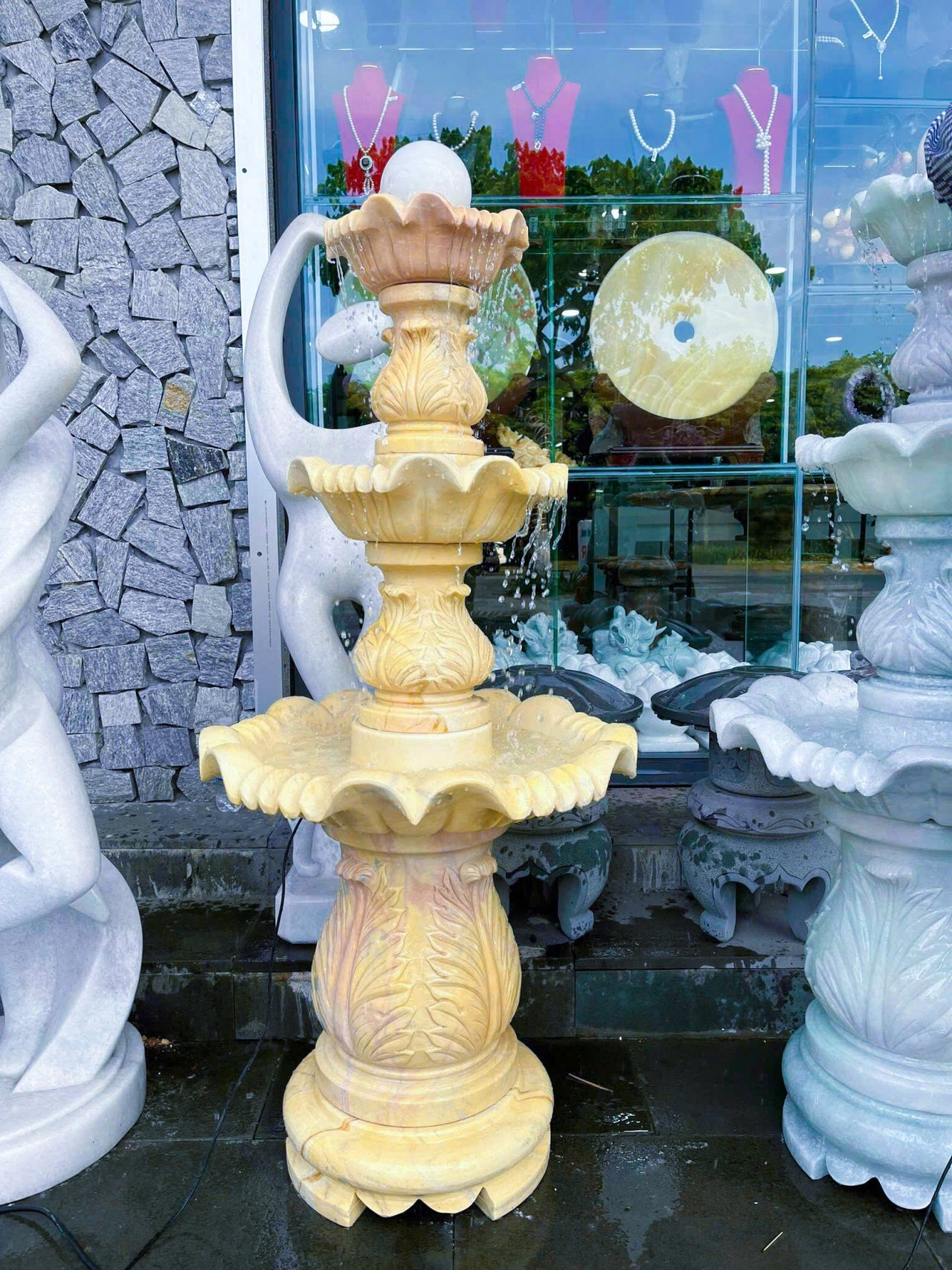 NATURAL MARBLE FOUNTAIN, HAND CARVED WATER FOUNTAIN, WHITE/ YELLOW WATER FOUNTAIN, ENCHANTING WATERFALL, RELAXING OUTDOOR DECORATION, ANTIQUE DESIGN OUTDOOR WATER FOUNTAIN